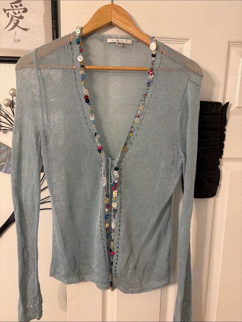 CAbi Light Blue Beaded-Trim Open Knit Cardigan